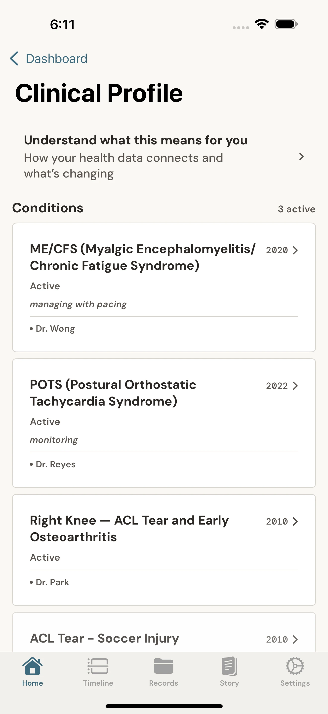 Narrativ dashboard showing the clinical profile